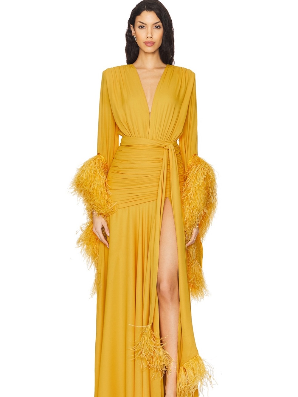 Bronx and Banco Mustard Yellow Ostrich Feather-Trim Maxi Dress